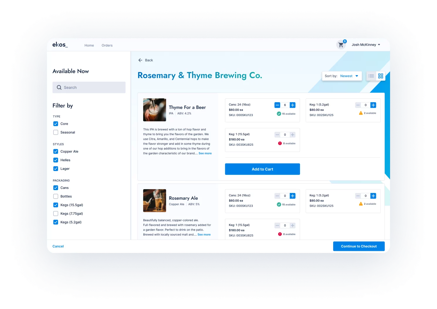 screenshot of order hub module in ekos brewery software